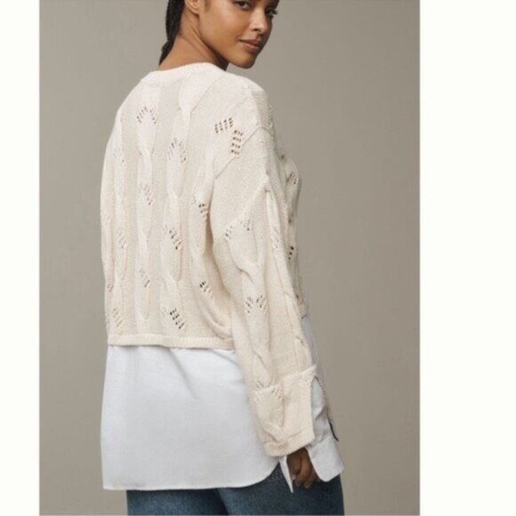 NWT Size S (P2P 22.5") -Anthropologie 100% cotton cable knit twofer Sweater - Picture 2 of 8